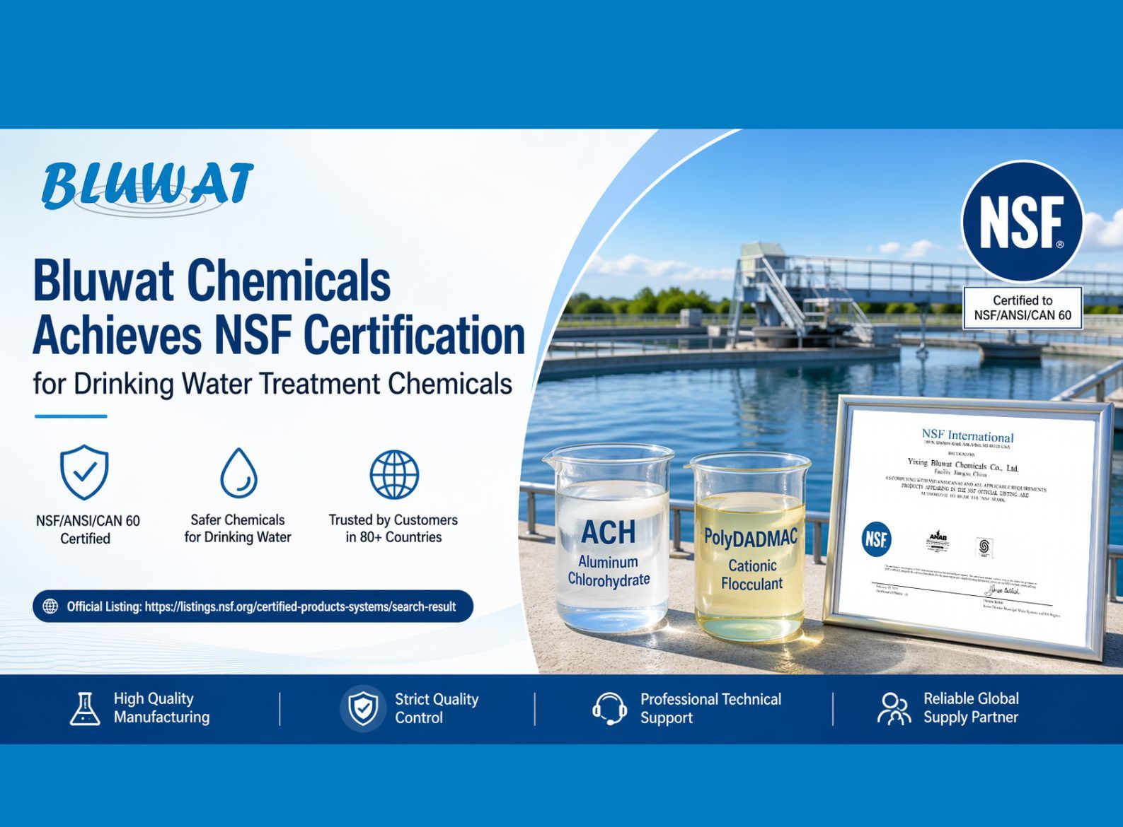 Neueste Unternehmensblogs über Bluwat Chemicals erhält NSF-Zertifizierung für Trinkwasseraufbereitungschemikalien