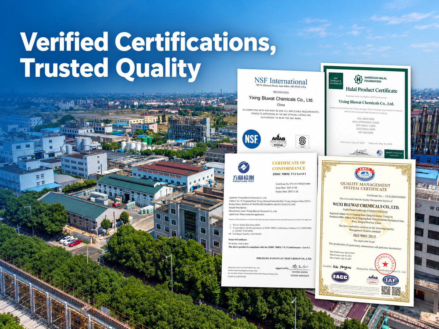 Neueste Unternehmensblogs über Bluwat Chemicals Strengthens Buyer Confidence with Verifiable NSF, Halal, ZDHC and ISO Credentials
