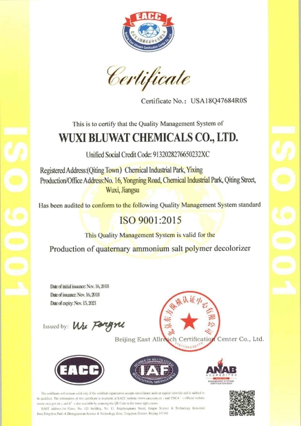 China Yixing bluwat chemicals co.,ltd Zertifizierungen